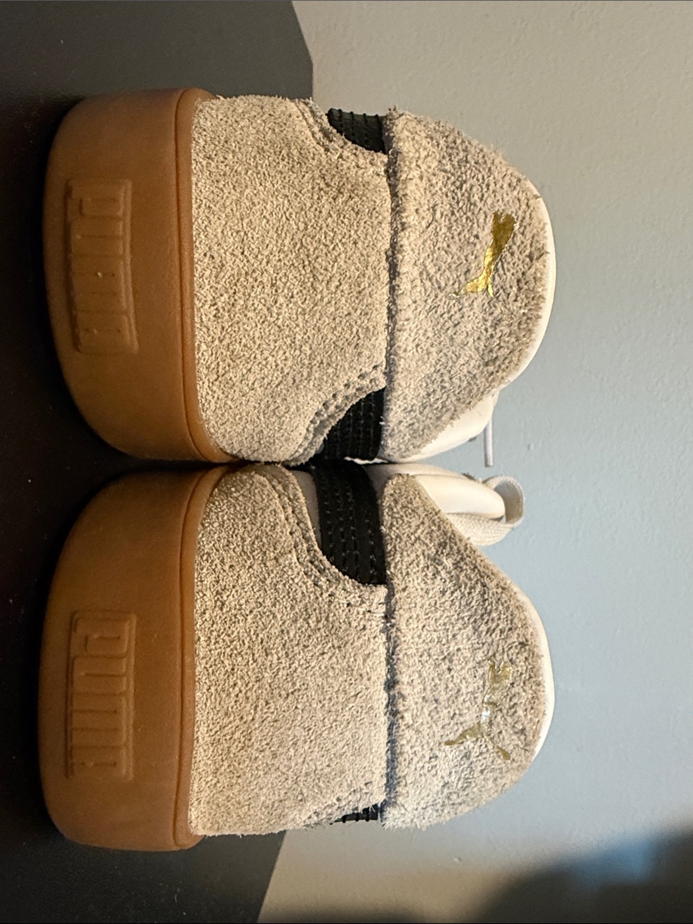 Puma White Suede Platform Sneakers with Gum Soles and Gold Logo